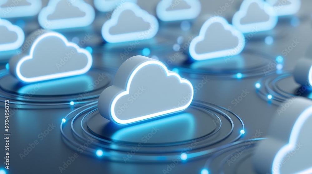 Poster futuristic cloud icons glowing in a digital landscape. ideal for concepts of technology, data storag