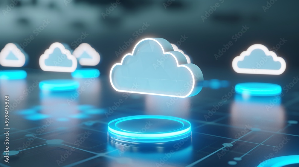 Poster futuristic cloud icons glowing in blue, representing cloud computing and data storage technology in 