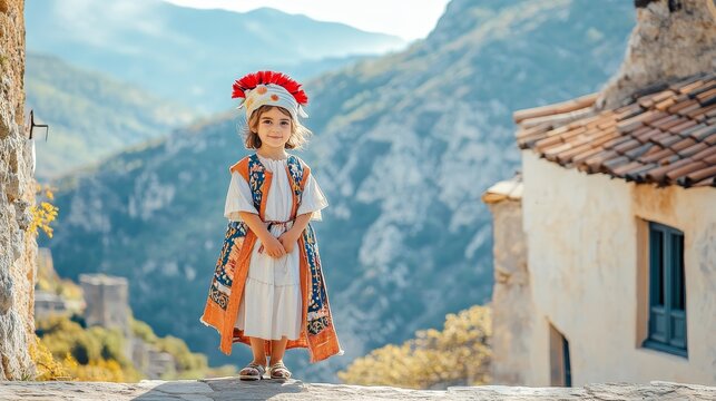 Proud Greek Boy in Traditional Foustanella with Mountain Backdrop and Historical Architecture in Full-body Pose