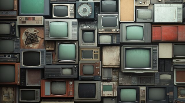 A visual mashup of old television sets and computer monitors stacked in a wall, reflecting the retro charm of outdated tech.