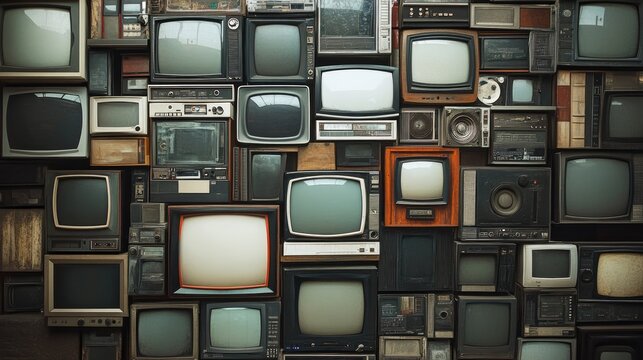 A visual mashup of old television sets and computer monitors stacked in a wall, reflecting the retro charm of outdated tech.