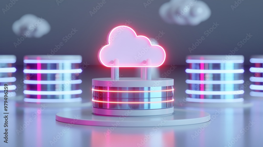 Poster futuristic cloud storage concept featuring glowing cloud above illuminated data servers in a modern 
