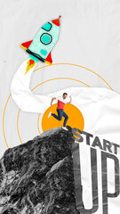 Contemporary art collage. Man excitedly runs towards rocket blasting off, capturing momentum and excitement of startups reaching new heights in innovation. Concept of business, new project, product.