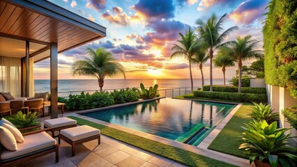Fototapeta premium Tropical paradise found in a modern Florida beach condo's outdoor oasis featuring lush greenery, private pool, and ocean views at sunset.