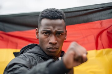 German Citizens Voice Concerns Over Immigrant Integration.  Intense look of nigerian man clutching flag of germany unwavering. Power of cultural fusion and potential global unity.