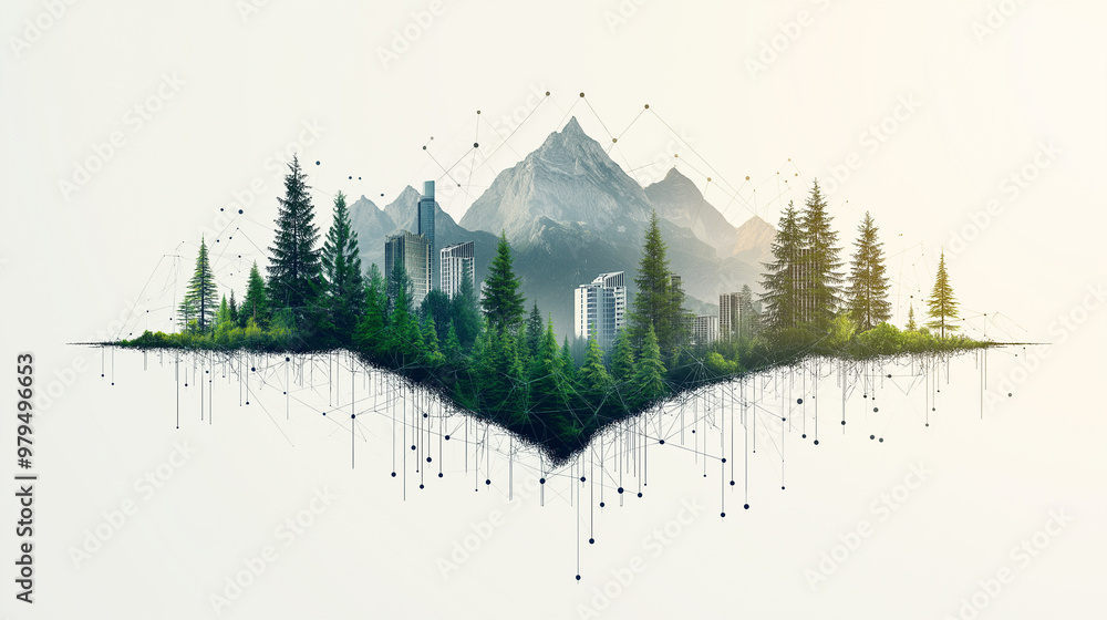 Poster a vector graphic design featuring an intricate network of lines and nodes forming the shape of mount