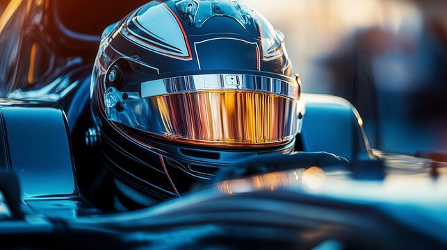 Formula one race car driver wearing helmet and preparing for race start