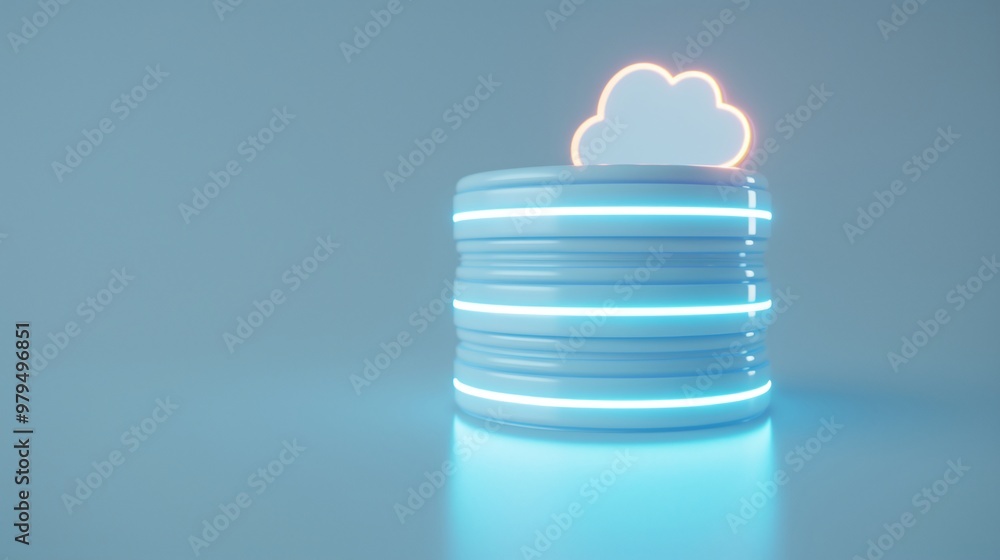 Poster futuristic cloud storage concept with illuminated circular design, showcasing digital data storage i