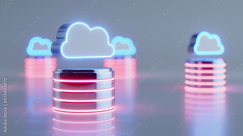 Aufkleber futuristic cloud storage concept with neon clouds hovering above glowing data servers, showcasing di