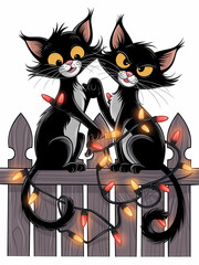 A pair of mischievous black cats playing with a string of Halloween lights, illustration
