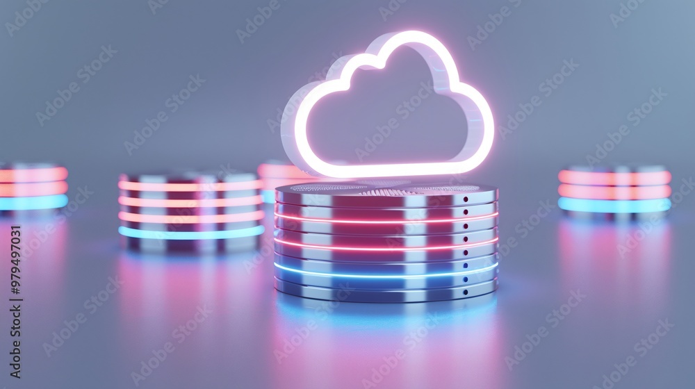 Poster futuristic cloud storage concept with neon servers, representing data management and digital technol