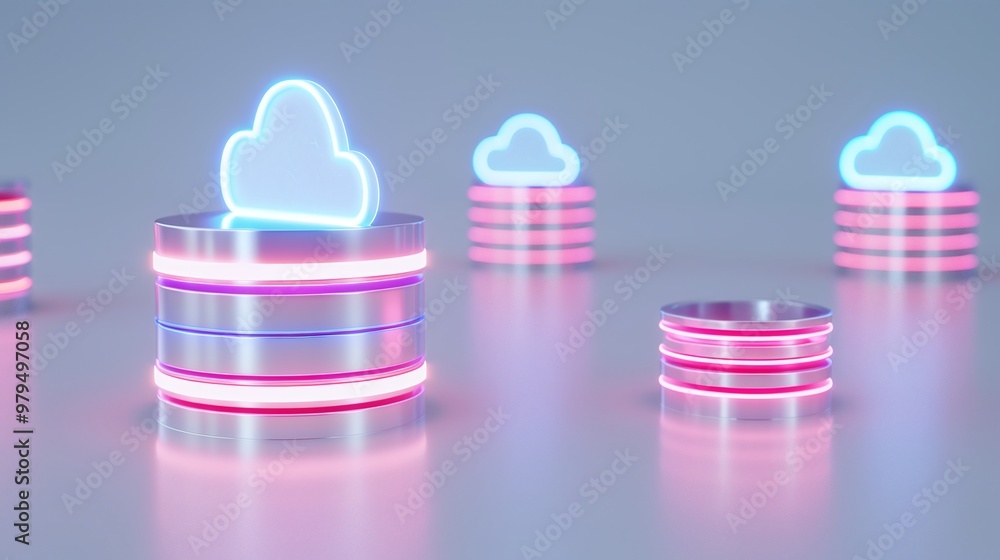 Aufkleber futuristic cloud storage concepts with neon elements on metallic bases, showcasing digital data tech