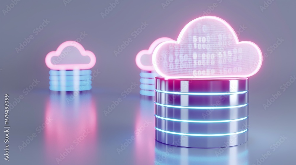 Poster futuristic cloud storage design with neon effects, representing digital data management in a modern,