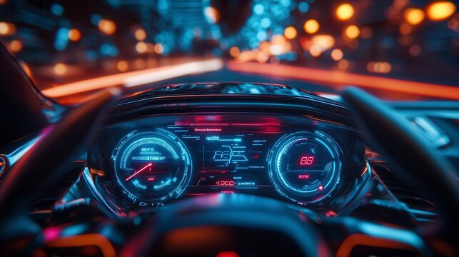 Modern car dashboard showing speed and battery level