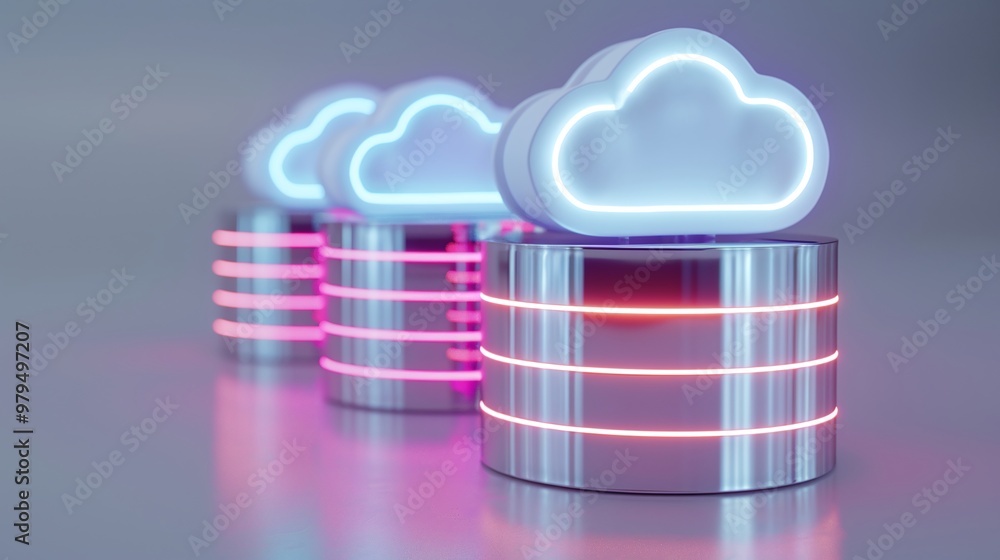 Poster futuristic cloud storage with neon design, showcasing data layers and technology integration for mod