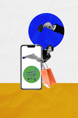 Vertical photo collage of happy girl peek phone screen shopping service cart cashless payment...