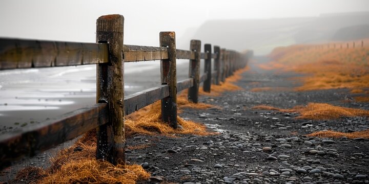 Weathered wooden fence beside a foggy coastal path lined with pebbles and autumnal grasses leading towards the fading silhouettes of distant cliffs