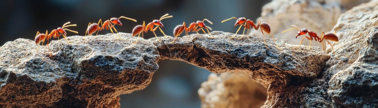 A close-up view of ants crossing a rocky bridge, showcasing teamwork and nature's intricate details in vibrant colors.