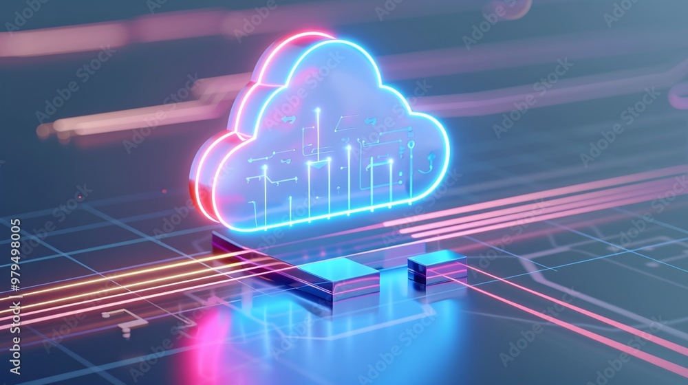 Poster futuristic cloud symbol representing data storage and analytics with vibrant neon colors and digital