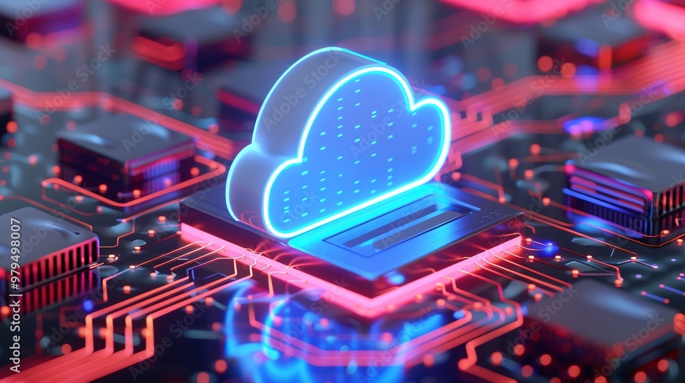 Poster futuristic cloud symbol over microchip with vibrant neon lights representing technology and digital 