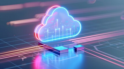 Fototapeta premium Futuristic cloud symbol representing data storage and analytics with vibrant neon colors and digital connections.