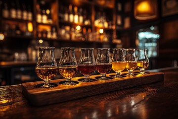 Whiskey Tasting Flight On Wooden Tray