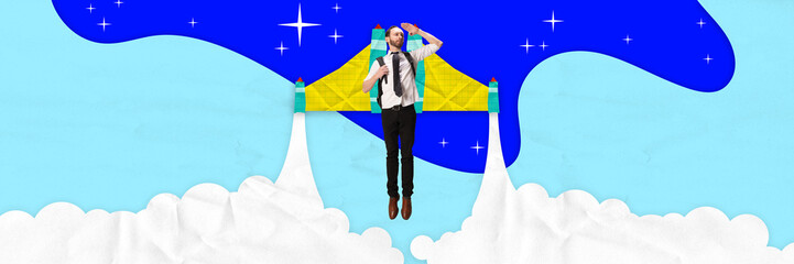 Banner. Contemporary art collage. Businessman salutes horizon as he ascends with rocket boosters,...