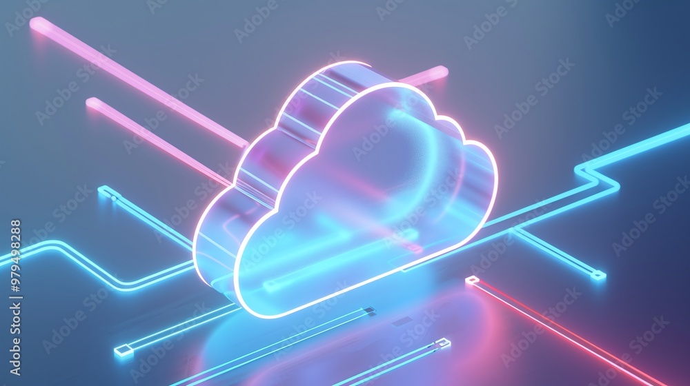 Poster futuristic cloud symbol with glowing neon lines, representing digital data storage and connectivity 
