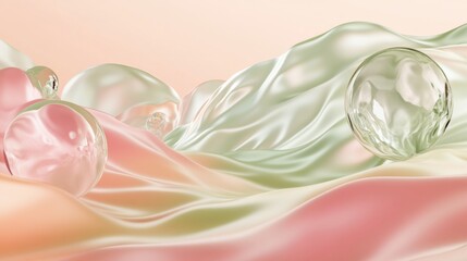 Abstract pastel-colored silk texture with transparent spheres in soft lighting