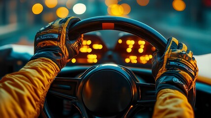 Race driver holding steering wheel with city lights in background