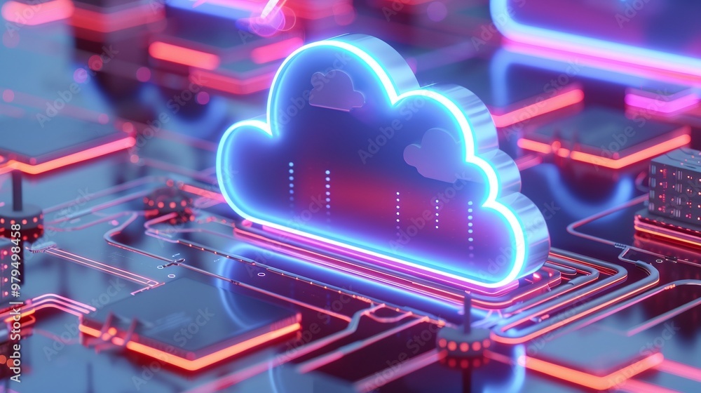 Poster futuristic cloud symbol with neon lights on a digital circuit board, representing data storage and t