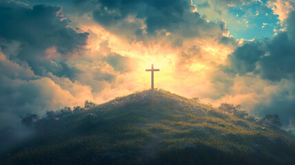 Fototapeta premium A cross proudly standing on the mountaintop, with rays of light piercing through the clouds to form a beautiful scene behind it. The cross is a symbol of Christianity.