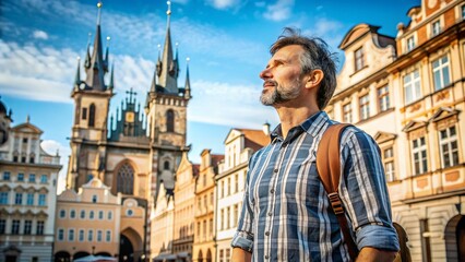 A middle-aged man with a thoughtful expression stands in front of a historic Prague building, wearing a casual outfit on a sunny day in 2024.