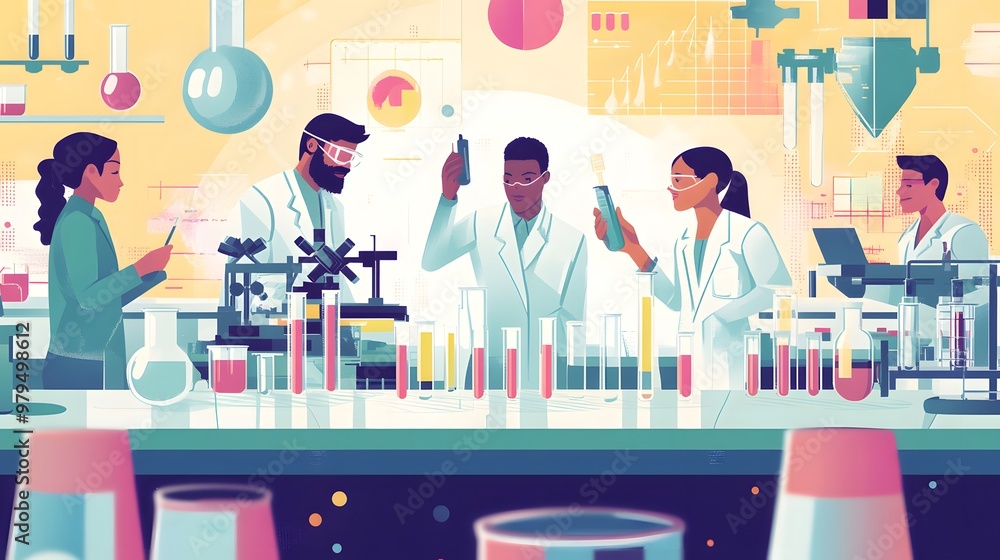 Poster diverse team of scientists working in a modern laboratory