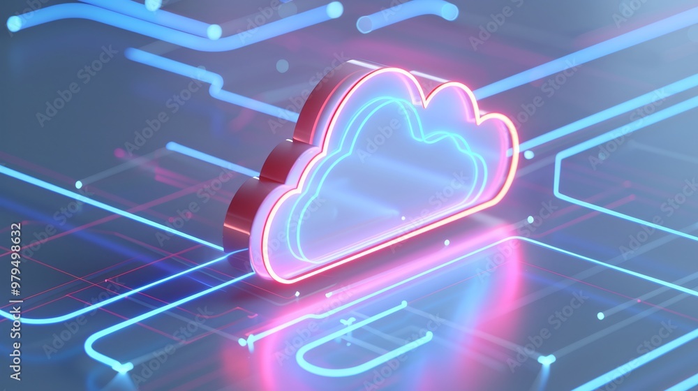 Poster futuristic cloud symbol with neon lights on a digital circuit background, representing cloud computi
