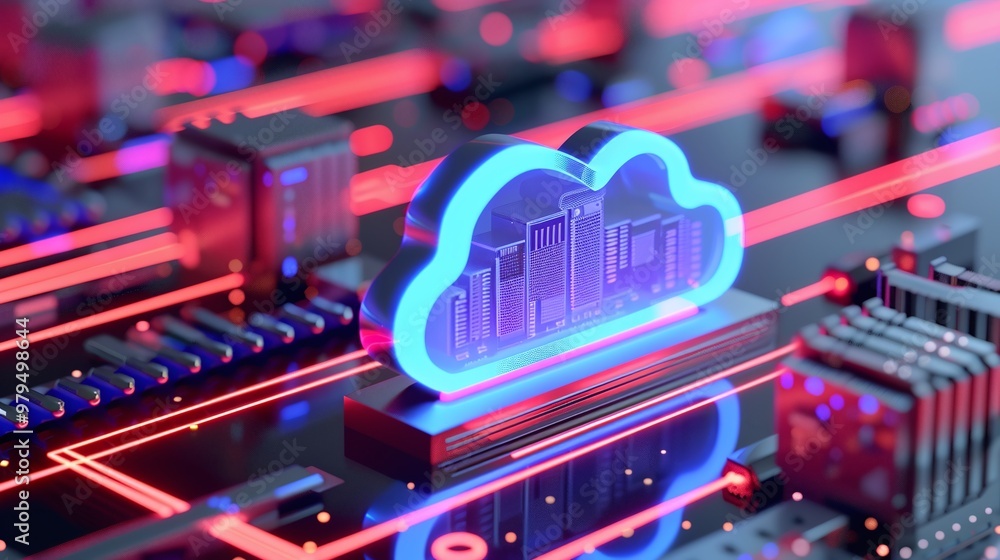 Poster futuristic cloud technology concept featuring digital circuitry and neon lights, symbolizing data an
