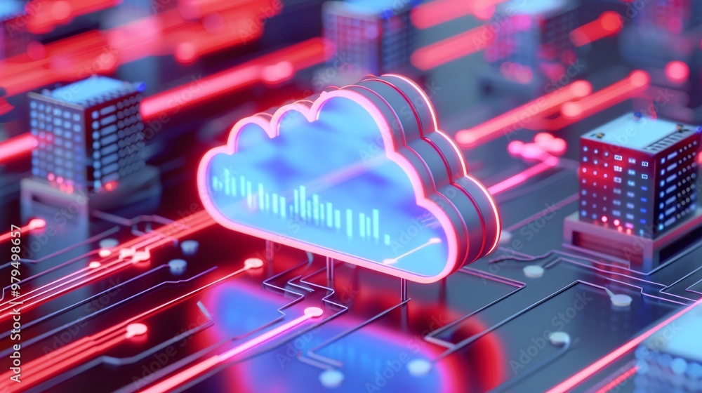 Poster futuristic cloud technology concept showcasing digital connectivity and data transfer with vibrant n
