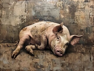 Fototapeta premium A pink pig lies on its side with its head resting on the ground.