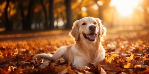 Golden Retriever dog playing in autumn leaves at the park leaf retriever golden.