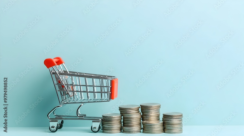 Poster stacked coins in shopping cart on mint background representing finance and investment concepts