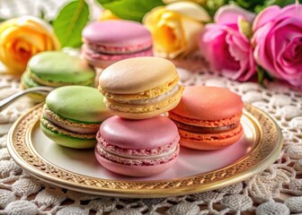 Obraz premium Softly lit macarons bursting with colorful fruity glazes on ornate lace doilies with antique rose gold flatware and whispering romance