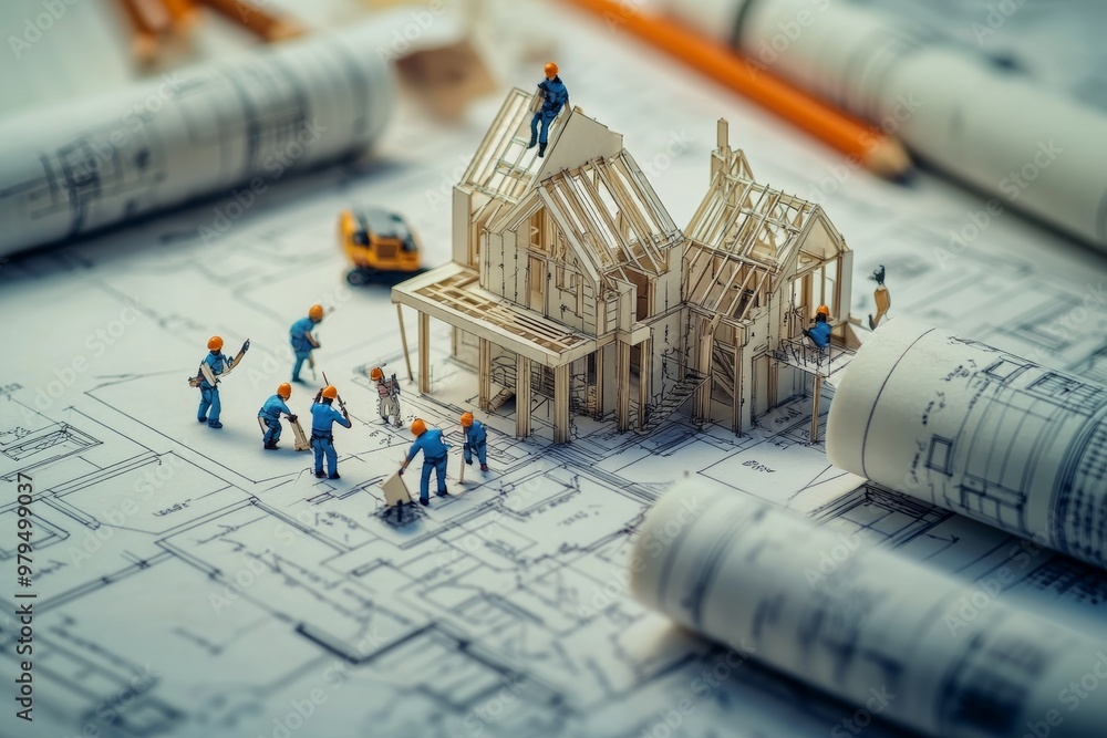 Poster detailed construction blueprints with tiny figures building and attacking, surrounded by pencils