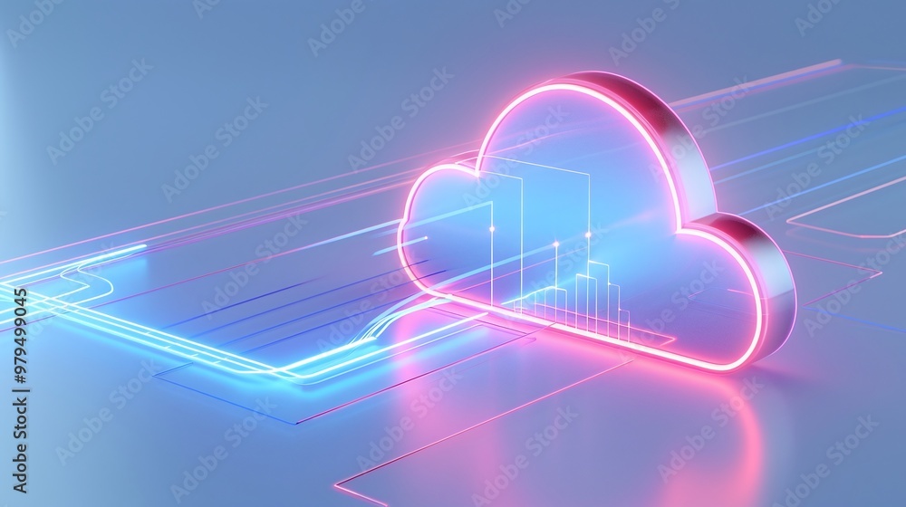 Poster futuristic cloud technology design with neon colors symbolizing data storage and transfer in a digit