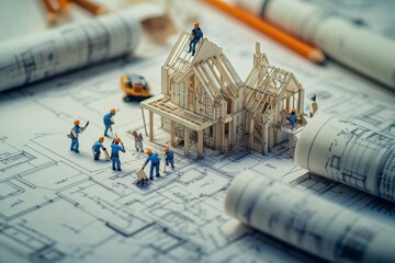Detailed construction blueprints with tiny figures building and attacking, surrounded by pencils