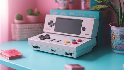 A retro-style handheld gaming console on a blue table with a pink background.