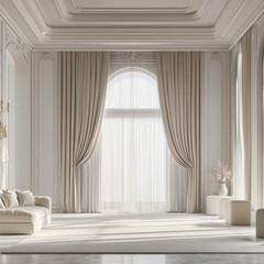 White room mockup with a rug and curtains, as well as a realistic attractive harmony.