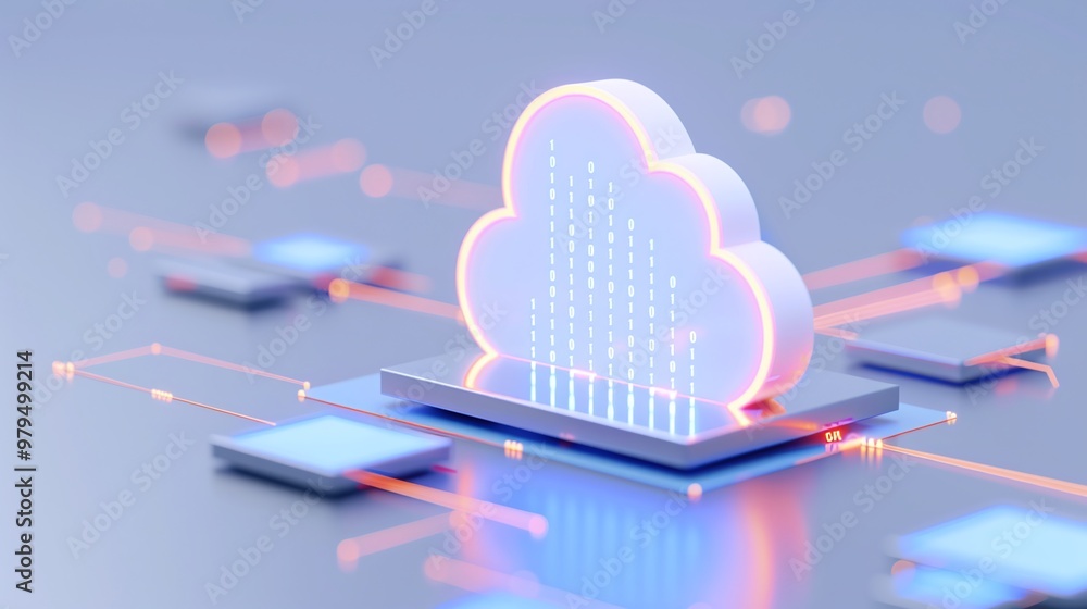 Poster futuristic cloud technology graphic with data streams and glowing elements, representing digital sto