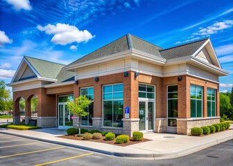 A modern retail bank branch operates in a suburban area of Windsor, Ontario, Canada, offering financial services to local residents and businesses on a sunny summer day.