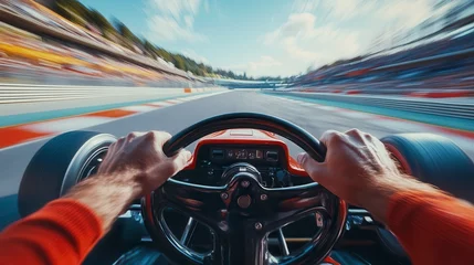 Gordijnen Race car driver driving formula one car on racetrack © Maria Vitkovska