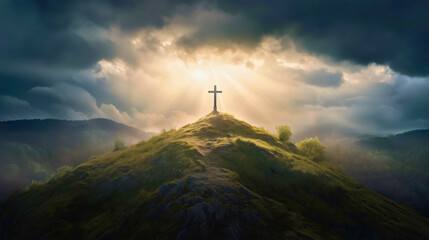 A wooden cross on the mountaintop with divine light forming behind it, symbolizing Christianity.
